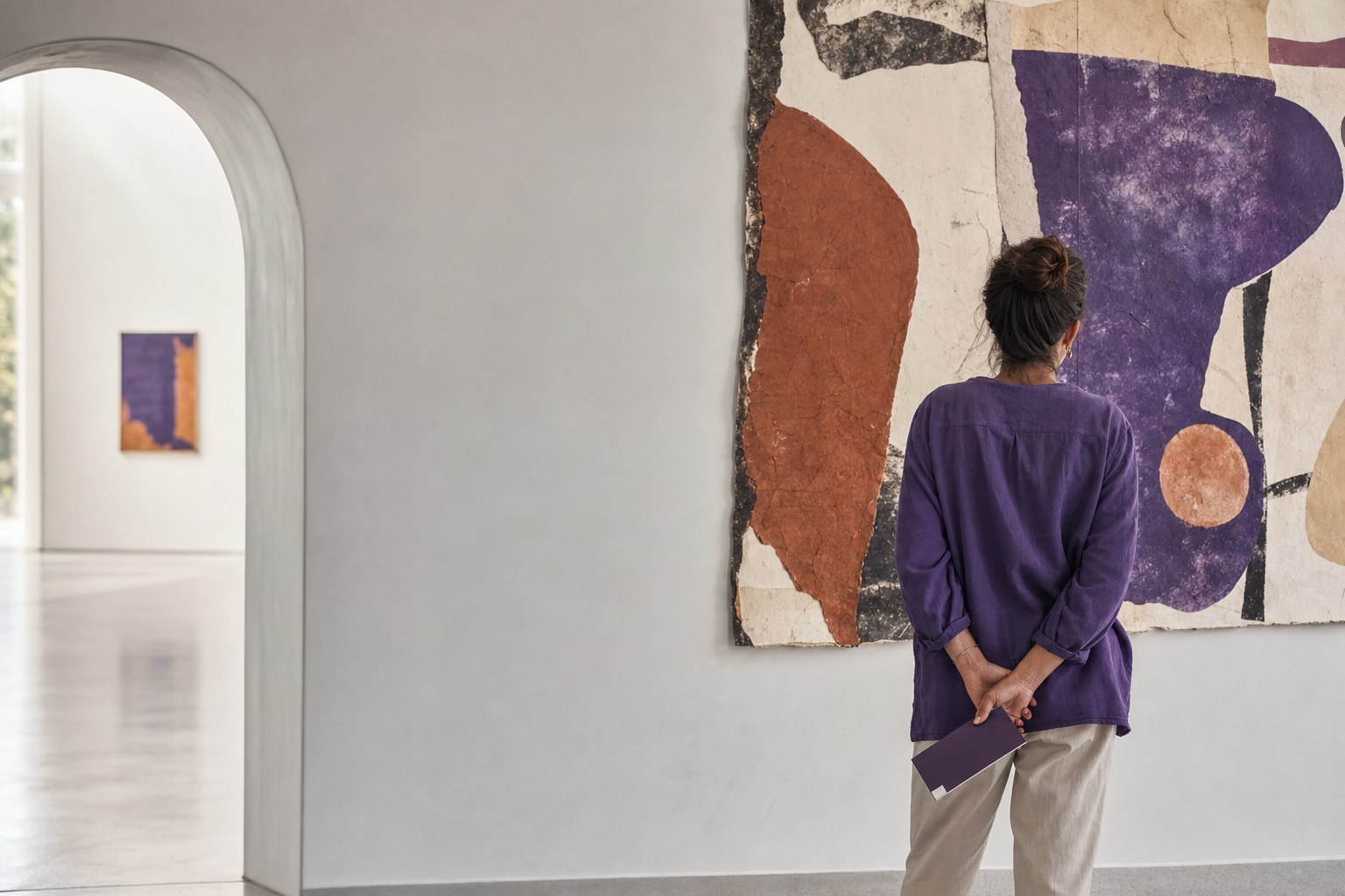 Bezoeker kijkt naar een kunstafbeelding met duidelijke ruimtelagen in een museumzaal